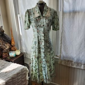 Vintage 90s Short Sleeve Button Down Mint Blue Floral Collar Maxi Dress 6 Petite